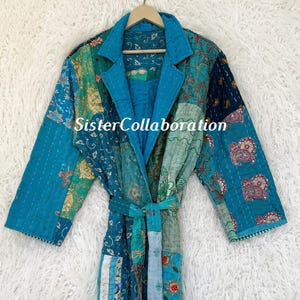 Blue Kantha Quilted Kimono Jacket: Hand-Stitched Cotton Robe