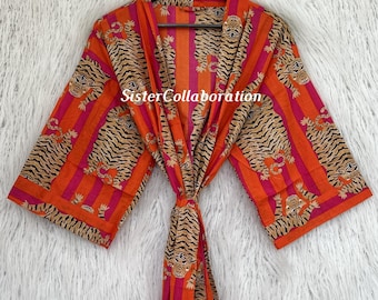 Indian Tiger Print Cotton Kimono: Lightweight Night Wear Robe