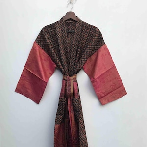 Kimono de patchwork de sari de seda vintage: Chaqueta abierta multicolor n.° 10
