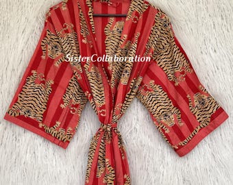Tiger Print Kimono Robe: Handmade Cotton Blend Nightwear