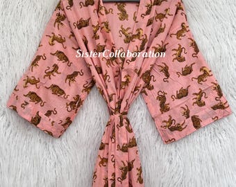 Tiger Print Indian Cotton Kimono: Festival Wear Robe, Colorful Dress