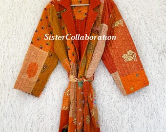 Handmade Indian Boho Coat: Patchwork Kantha Kimono Robe