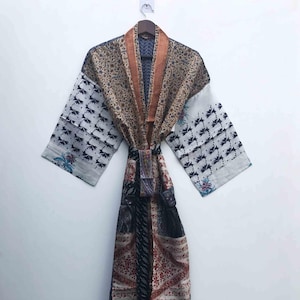 Indian Patchwork Crepe Silk Kimono: Boho Style Long Robe # 23