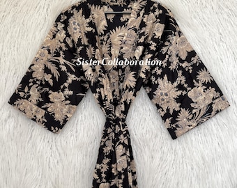 Handmade Floral Cotton Kimono Robe: Boho Loungewear, Lightweight Dressing Gown