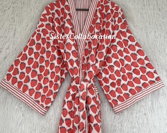 Indian Cotton Quilted Kimono Robe: Handmade Winter Jacket