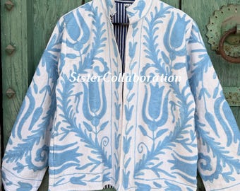 Indian Comfortable Short Suzani Jacket: Embroidery Boho Cotton Coat