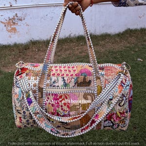 Quilted Cotton Duffle Bag: Indian Patchwork Travel, Yoga, Gym Bag