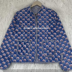 Indian Block Print Quilted Cotton Jacket: Bohemian Floral Reversible Coat