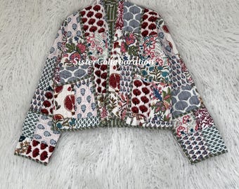 Handmade Indian Cotton Quilted Jacket: Floral Boho Short Coat