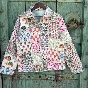 Handmade Reversible Cotton Quilted Jacket: Indian Floral Print, Bohemian Coat
