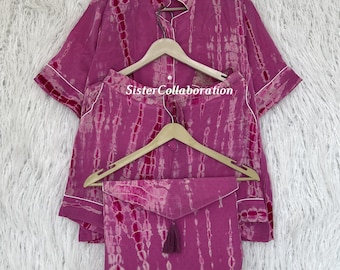Tie Dye Crepe Silk Pajama Set: Short Sleeve Sleepwear with Pouch