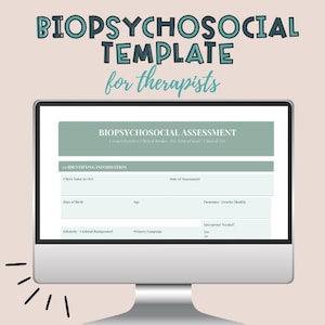 Könnte beinhalten: Ein Computermonitor, der eine biopsychosoziale Bewertungsvorlage anzeigt. Der Bildschirm zeigt Felder für Identifikationsinformationen wie Kundenname, Geburtsdatum, Alter, Pronomen und Sprache. Der Text über dem Monitor lautet Biopsychosocial Template for therapists.