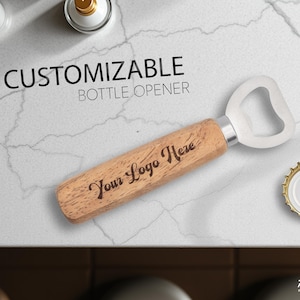 Customized Logo Wooden Handle Bottle Opener – Personalized Gift for Him, Groomsmen, Dad, or Any Occasion