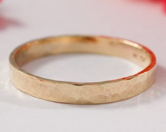 Eco 9ct Yellow Gold Wedding Band Set: Hammered Texture Rings