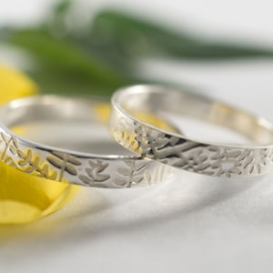 Her and Hers Botanical Wedding Band: A pair of recycled sterling silver textured wedding bands image 1