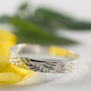 Silver Botanical Wedding Band made from recycled sterling silver