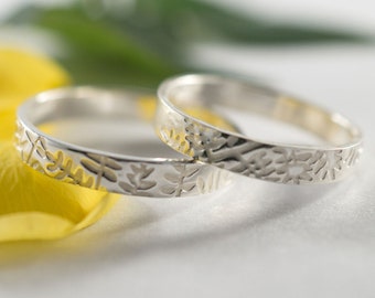 Her and Hers Botanical Wedding Band: A pair of recycled sterling silver textured wedding bands