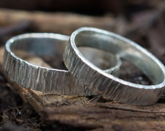 Silver Bark Effect Wedding Bands: A Set of his and his eco silver Bark effect wedding rings