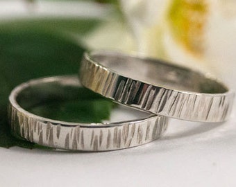 White Gold Bark Effect Wedding Band: A 9ct white recycled gold textured wedding ring band