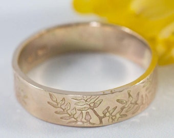 Gold Botanical Wedding Bands: A Set of his and his 14k recycled gold wedding rings