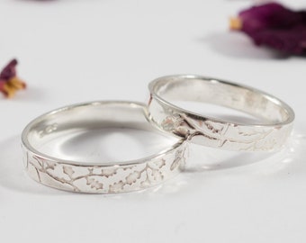 Oak Leaf Wedding Bands: A Set of hers and hers Eco silver Oak leaf textured wedding rings
