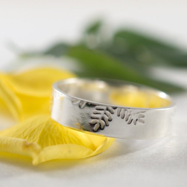 His and His Silver Botanical Wedding Bands: A pair of 5mm wide eco silver wedding bands image 1