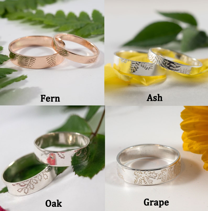K&ouml;nnte beinhalten: Vier Paare silberner und ros&eacute;goldener Eheringe mit verschiedenen Blattdesigns. Die Ringe sind mit "Fern", "Ash", "Oak" und "Grape" beschriftet.