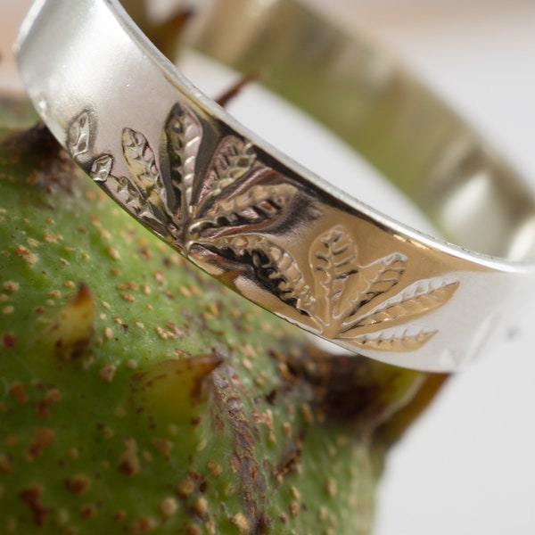 Horse Chestnut Mens Wedding Band: A large 5mm wide recycled sterling silver Horse Chestnut leaf textured wedding band