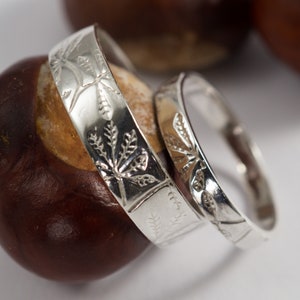 Horse Chestnut Wedding Bands: A Set of his and hers Recycled Sterling silver Horse Chestnut leaf textured wedding rings image 1