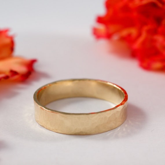 9ct Yellow Gold Wedding Band Set: Hammered Texture, Eco Gold