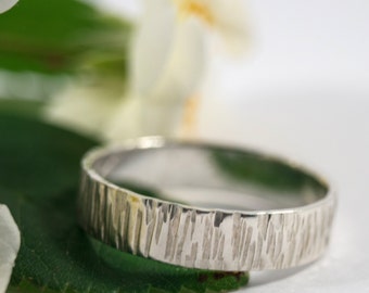 Handmade 9ct White Gold Bark Wedding Band: Recycled Gold, 5mm Wide