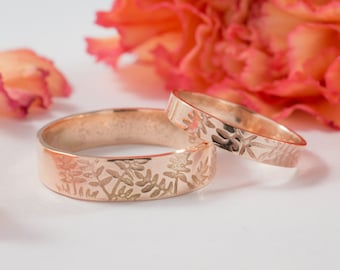 Rose Gold Botanical Wedding Bands: A Set of his and hers 18k Rose Gold wedding rings