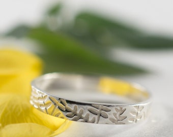 Ash Womans Wedding Band: A petite 3mm wide recycled sterling silver ash textured wedding band