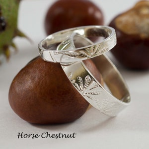 Horse Chestnut Wedding Bands: A Set of his and hers Recycled Sterling silver Horse Chestnut leaf textured wedding rings image 5