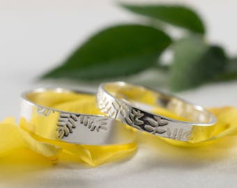 White Gold Ash Wedding Bands: A Set of his and hers 18k White Eco Gold wedding rings