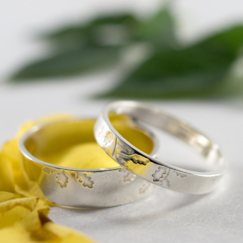 His and His Silver Botanical Wedding Bands: A pair of 5mm wide eco silver wedding bands image 3