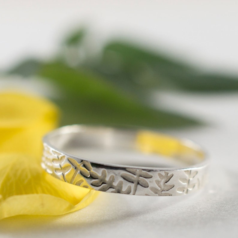 Her and Hers Botanical Wedding Band: A pair of recycled sterling silver textured wedding bands image 2