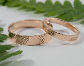 Rose Gold Fern Wedding Bands: A Set of his and hers 9k Rose Eco Gold wedding rings