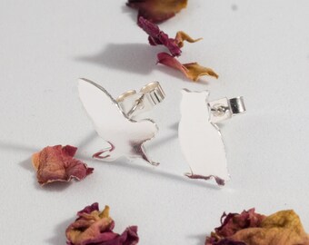 Boucles d'oreilles hibou en argent sterling recyclé : sciées main, respectueuses de l'environnement