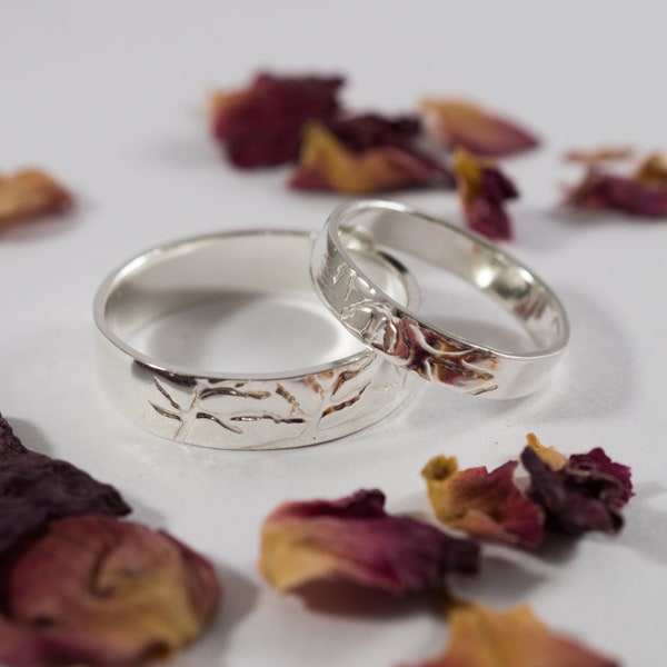 Cedar Leaf Wedding Bands: A Set of his and hers Recycled Sterling silver Cedar tree textured wedding rings