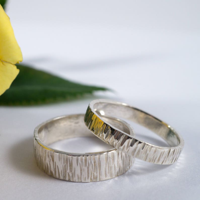 Silver Bark Effect Wedding Bands: A Set of hers and hers recycled sterling silver Bark effect wedding rings image 2