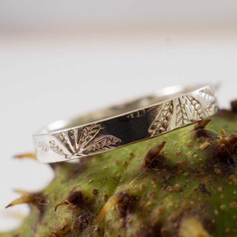 Horse Chestnut Wedding Bands: A Set of his and hers Recycled Sterling silver Horse Chestnut leaf textured wedding rings image 3