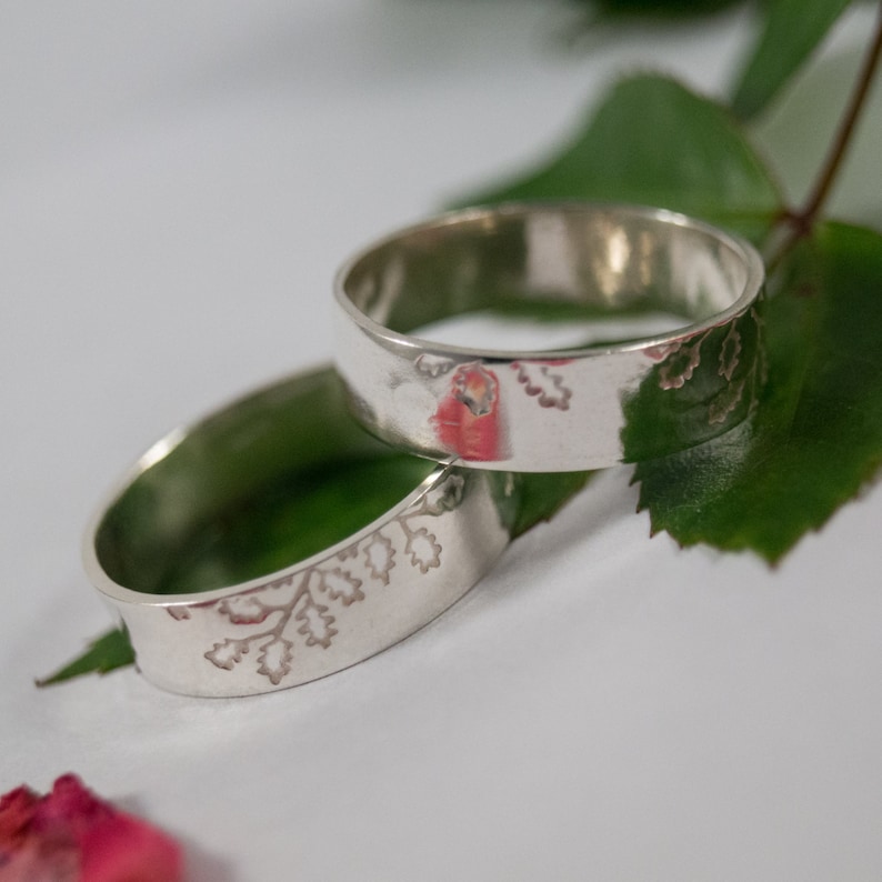 Oak Leaf Wedding Bands: A Set of his and hers Sterling silver Oak leaf textured wedding rings image 2