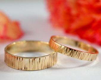 Yellow Gold Bark Wedding Bands: A Set of his and hers 18k Yellow Eco Gold wedding rings