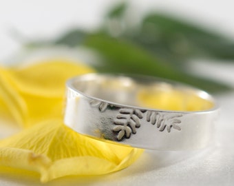 Ash Mens Wedding Band: A large 5mm wide recycled sterling silver Ash leaf textured wedding band