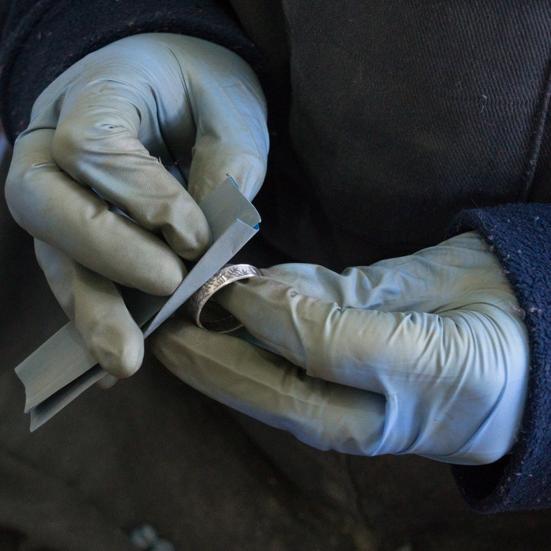 His and His Silver Botanical Wedding Bands: A pair of 5mm wide eco silver wedding bands image 8