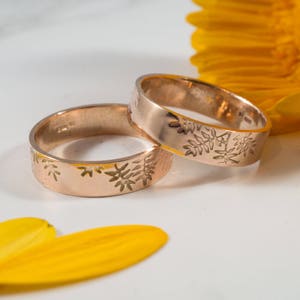 Rose Gold Botanical Wedding Band: A large 5mm wide 9ct rose eco gold wedding band image 1