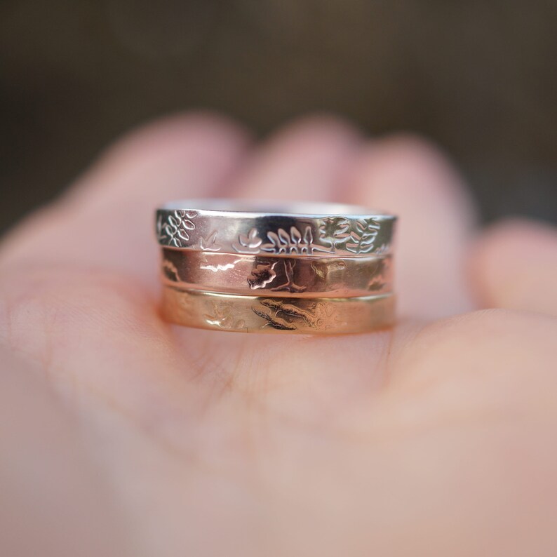 Her and Hers Botanical Wedding Band: A pair of recycled sterling silver textured wedding bands image 9