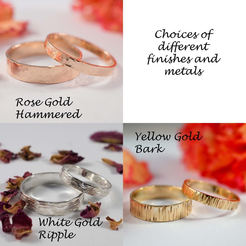 K&ouml;nnte beinhalten: Vier Paare von Eheringen in verschiedenen Metallen und Oberfl&auml;chen. Die Ringe sind paarweise angeordnet, wobei jedes Paar ein anderes Metall und eine andere Oberfl&auml;che zeigt. Das Paar oben links ist aus Ros&eacute;gold mit einer geh&auml;mmerten Oberfl&auml;che. Das Paar oben rechts ist aus Gelbgold mit einer Rindenstruktur. Das Paar unten links ist aus Wei&szlig;gold mit einer welligen Oberfl&auml;che. Das Paar unten rechts ist aus Gelbgold mit einer Rindenstruktur.
