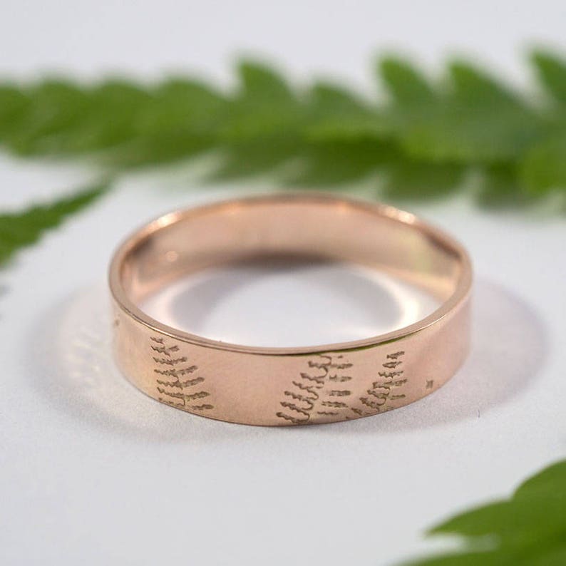 Rose Gold Botanical Wedding Band: A large 5mm wide 9ct rose eco gold wedding band image 2